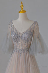 A-Line Beaded V-Neckline Tulle Formal Dress, Puffy Sleeves Long Semi Formal Prom Dress